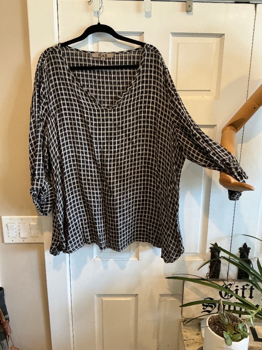 Flax linen  tunic blouse in black and white check!  Plus size 3G!